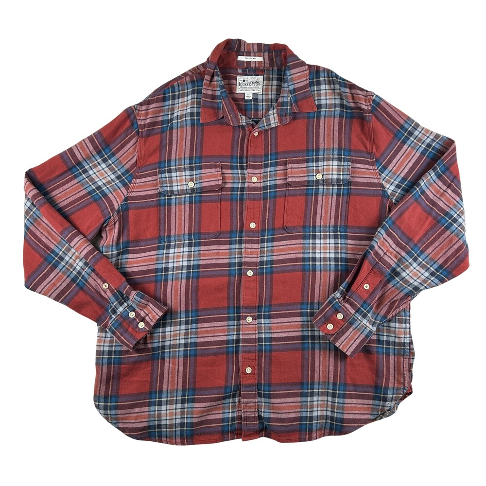 Lucky Brand Shirt Mens XL Red Plaid Long Sleeve Flannel Button Up Stretch Casual